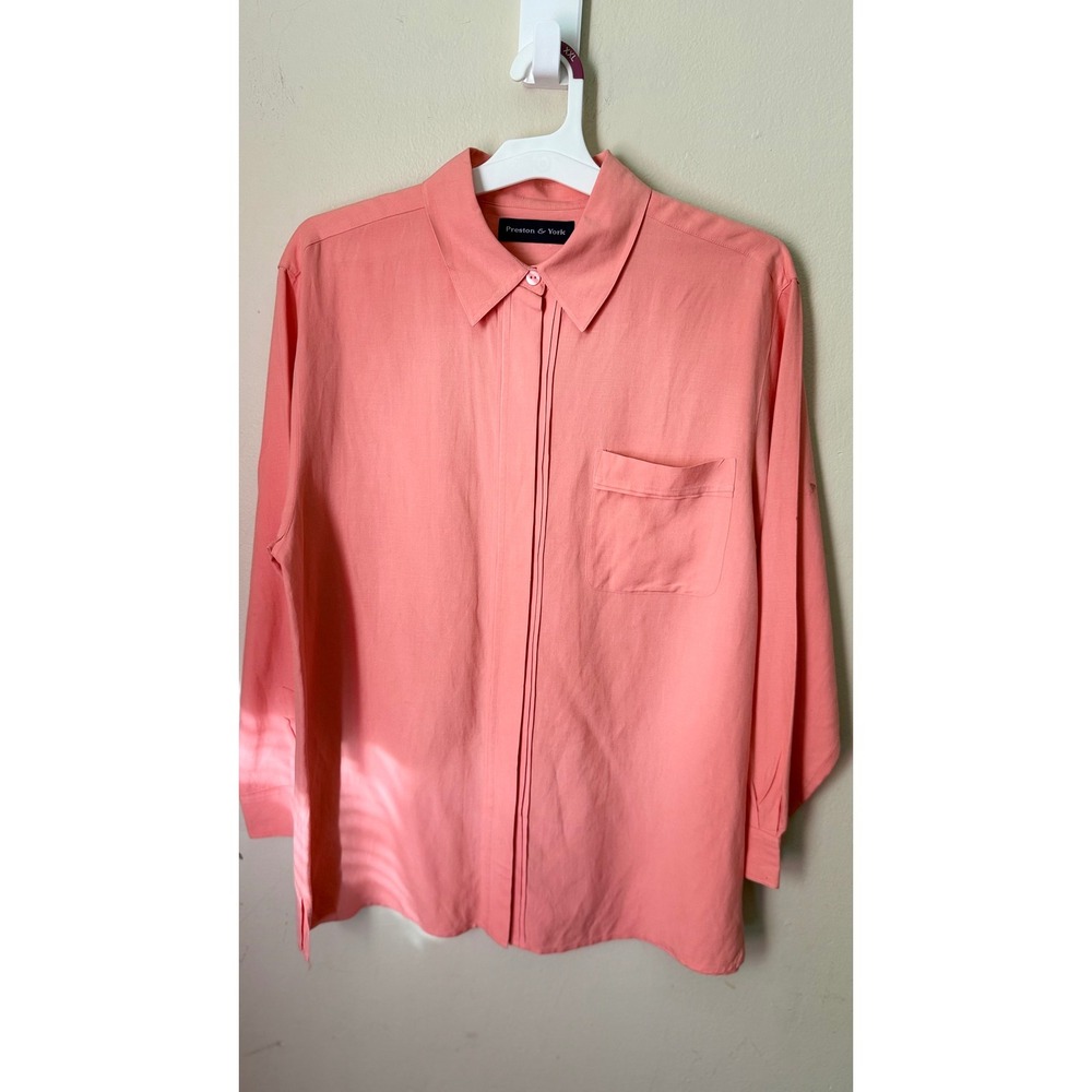 Preston York Coral Pink Pleated Button Front Long Sleeve Blouse Shirt Top
